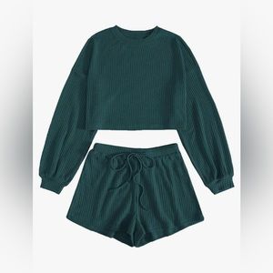 GREEN RIB KNIT LONG SLEEVE LOUNGE SET, 2 PIECE PJ SET